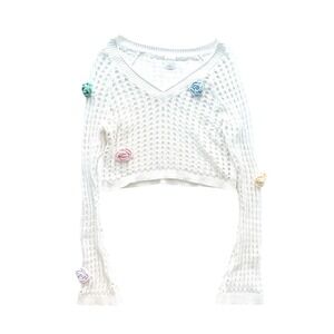 Open Crotchet Cropped Sweater Womens Small Granny Flowers Coastal Festival Boho